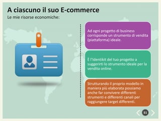 A ciascuno il suo E-commerce
Le mie risorse economiche:
Ad ogni progetto di business
corrisponde un strumento di vendita
(piattaforma) ideale.

È l’Identikit del tuo progetto a
suggerirti lo strumento ideale per la
vendita online.

Strutturando il proprio modello in
maniera più elaborata possiamo
anche far convivere differenti
strumenti e differenti canali per
raggiungere target differenti.
51

 