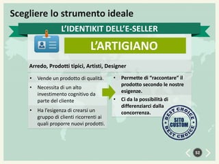 Scegliere lo strumento ideale
L’IDENTIKIT DELL’E-SELLER

L’ARTIGIANO
Arredo, Prodotti tipici, Artisti, Designer
•

Vende un prodotto di qualità.

•

•

Necessita di un alto
investimento cognitivo da
parte del cliente

•

•

Ha l’esigenza di crearsi un
gruppo di clienti ricorrenti ai
quali proporre nuovi prodotti.

Permette di “raccontare” il
prodotto secondo le nostre
esigenze.
Ci da la possibilità di
differenziarci dalla
concorrenza.

52

 
