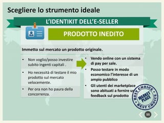 Scegliere lo strumento ideale
L’IDENTIKIT DELL’E-SELLER

PRODOTTO INEDITO
Immetto sul mercato un prodotto originale.
•
•

•

Non voglio/posso investire
subito ingenti capitali .
Ho necessità di testare il mio
prodotto sul mercato
velocemente.

Per ora non ho paura della
concorrenza.

•
•

•

Vendo online con un sistema
di pay per sale.
Posso testare in modo
economico l’interesse di un
ampio pubblico
Gli utenti dei marketplace
sono abituati a fornire un
feedback sul prodotto

55

 