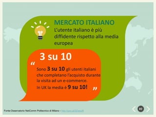 MERCATO ITALIANO
L’utente italiano è più
diffidente rispetto alla media
europea

3 su 10

“ Sono 3 su 10 gli utenti italiani
che completano l’acquisto durante
la visita ad un e-commerce.

su 10!

Fonte:Osservatorio NetComm Politecnico di Milano - http://goo.gl/3ZwpuR

“

In UK la media è 9

07

 