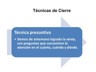 Técnicas de Cierre




Técnica presuntiva
• Demos de antemano lograda la venta,
  con preguntas que concentren la
  atención en el cuánto, cuándo y dónde.
 