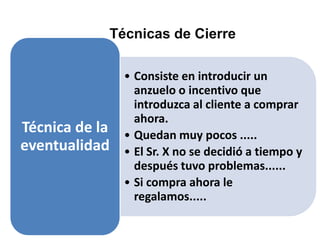Técnicas de Cierre

                • Consiste en introducir un
                  anzuelo o incentivo que
                  introduzca al cliente a comprar
                  ahora.
Técnica de la   • Quedan muy pocos .....
eventualidad    • El Sr. X no se decidió a tiempo y
                  después tuvo problemas......
                • Si compra ahora le
                  regalamos.....
 