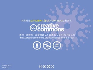 本資料は以下の条件に基づいてライセンスされます。




                表示 - 非営利 - 改変禁止 2.1 日本 (CC BY-NC-ND 2.1)
                http://creativecommo...