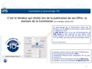 Commission et pourcentage 15%


C’est le Vendeur qui choisit lors de la publication de son Offre, le
           montant de la Commission (ici le Vendeur choisit 15%)

                                         Le pourcentage de la Commission choisi par le
                                         Vendeur est de 15% la Commission totale s’élève
                                         à 1 500 Euros dont
                                         1 300 Euros pour le ou les Commissionnés, et
                                         200 Euros la part réservée au site Mister 10%
                                         (cette dernière ne varie pas et reste 2% du prix
                                         H.T. de l’Offre quel que soit le pourcentage choisi)


                                         Pour en Savoir plus...




                                       Le Vendeur choisit son prix de vente 10 000 Euros,
                                       le pourcentage de Commission 15%,
                                       La prestation Mister10.com représente 2% du prix
                                       de vente H.T.,
                                       Le montant de la Commission est de 1 300 Euros
                                       Le Vendeur recevra de l’Acheteur 8 500 Euros H.T.



                                                                                      10
 