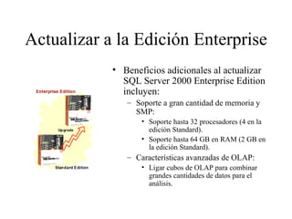 Actualizar a la Edición Enterprise Beneficios adicionales al actualizar SQL Server 2000 Enterprise Edition incluyen:  Soporte a gran cantidad de memoria y SMP: Soporte hasta 32 procesadores (4 en la edición Standard). Soporte hasta 64 GB en RAM (2 GB en la edición Standard). Características avanzadas de OLAP: Ligar cubos de OLAP para combinar grandes cantidades de datos para el análisis. 