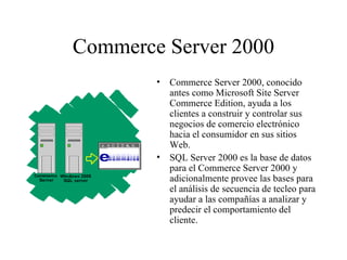 Commerce Server 2000 Commerce Server 2000, conocido antes como Microsoft Site Server Commerce Edition, ayuda a los clientes a construir y controlar sus negocios de comercio electrónico hacia el consumidor en sus sitios Web.  SQL Server 2000 es la base de datos para el Commerce Server 2000 y adicionalmente provee las bases para el análisis de secuencia de tecleo para ayudar a las compañías a analizar y predecir el comportamiento del cliente.  