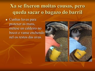 Xa se fixeron moitas cousas, pero
queda sacar o bagazo do barril
 Cunhas luvas para
protexer as mans,
métese un caldeiro no
bocoi e vanse enchendo
nel os restos das uvas.
 