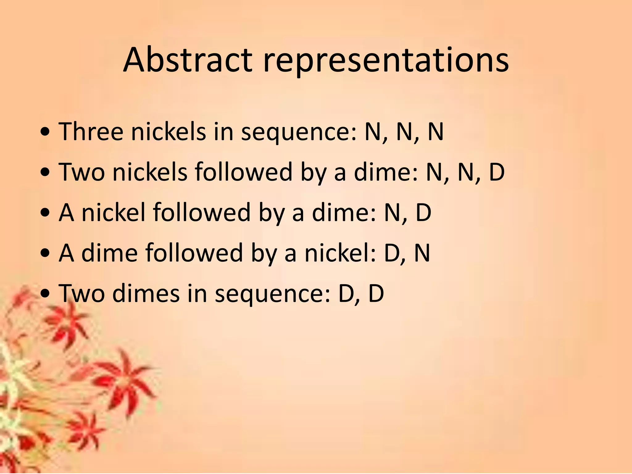 Abstract representations
• Three nickels in sequence: N, N, N
• Two nickels followed by a dime: N, N, D
• A nickel followed by a dime: N, D
• A dime followed by a nickel: D, N
• Two dimes in sequence: D, D
 