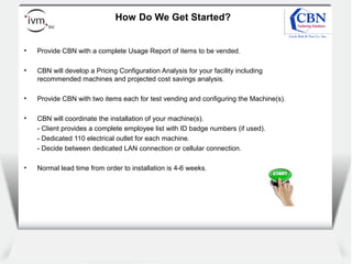 Client
logo
How Do We Get Started?
• Provide CBN with a complete Usage Report of items to be vended.
• CBN will develop a Pricing Configuration Analysis for your facility including
recommended machines and projected cost savings analysis.
• Provide CBN with two items each for test vending and configuring the Machine(s).
• CBN will coordinate the installation of your machine(s).
- Client provides a complete employee list with ID badge numbers (if used).
- Dedicated 110 electrical outlet for each machine.
- Decide between dedicated LAN connection or cellular connection.
• Normal lead time from order to installation is 4-6 weeks.
 