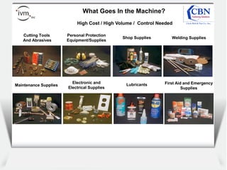 Client
logo
What Goes In the Machine?
High Cost / High Volume / Control Needed
Shop Supplies
Maintenance Supplies Lubricants First Aid and Emergency
Supplies
Electronic and
Electrical Supplies
Welding Supplies
Personal Protection
Equipment/Supplies
Cutting Tools
And Abrasives
 