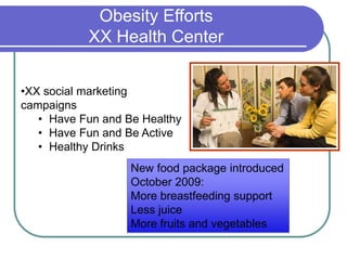 Obesity Efforts
XX Health Center
•XX social marketing
campaigns
• Have Fun and Be Healthy
• Have Fun and Be Active
• Healthy Drinks
New food package introduced
October 2009:
More breastfeeding support
Less juice
More fruits and vegetables
 