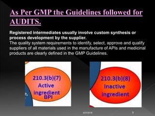 3/27/2018 5
Registered intermediates usually involve custom synthesis or
process development by the supplier.
The quality system requirements to identify, select, approve and qualify
suppliers of all materials used in the manufacture of APIs and medicinal
products are clearly defined in the GMP Guidelines.
BPI
 