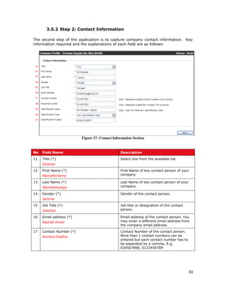 30
3.5.2 Step 2: Contact Information
The second step of the application is to capture company contact information. Key
information required and the explanations of each field are as follows:
Figure 17: Contact Information Section
No Field Name Description
11 Title (*)
Gelaran
Select one from the available list.
12 First Name (*)
NamaPertama
First Name of key contact person of your
company
13 Last Name (*)
NamaKeluarga
Last Name of key contact person of your
company.
14 Gender (*)
Jantina
Gender of the contact person.
15 Job Title (*)
Jawatan
Job title or designation of the contact
person.
16 Email address (*)
Alamat Email
Email address of the contact person. You
may enter a different email address from
the company email address.
17 Contact Number (*)
NomborTelefon
Contact Number of the contact person.
More than 1 contact numbers can be
entered but each contact number has to
be separated by a comma. E.g,
034567890, 0123456789
 