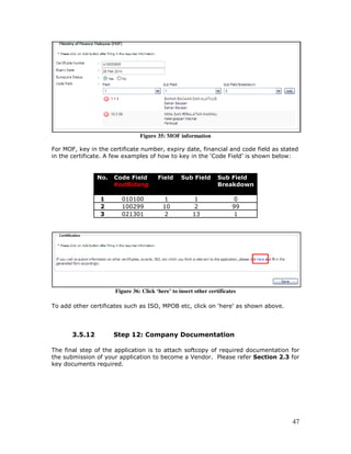 47
Figure 35: MOF information
For MOF, key in the certificate number, expiry date, financial and code field as stated
in the certificate. A few examples of how to key in the ‘Code Field’ is shown below:
No. Code Field
KodBidang
Field Sub Field Sub Field
Breakdown
1 010100 1 1 0
2 100299 10 2 99
3 021301 2 13 1
Figure 36: Click ‘here’ to insert other certificates
To add other certificates such as ISO, MPOB etc, click on ‘here’ as shown above.
3.5.12 Step 12: Company Documentation
The final step of the application is to attach softcopy of required documentation for
the submission of your application to become a Vendor. Please refer Section 2.3 for
key documents required.
 