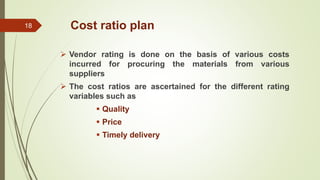 Cost ratio plan
 Vendor rating is done on the basis of various costs
incurred for procuring the materials from various
suppliers
 The cost ratios are ascertained for the different rating
variables such as
 Quality
 Price
 Timely delivery
18
 