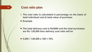 Cost ratio plan
 The cost ratio is calculated in percentage on the basis of
total individual cost & total value of purchase
 Example
 The total delivery cost is Rs5000 and the total purchases
are Rs 1,00,000 then delivery cost ratio will be
 5,000 / 1,00,000 x 100 = 10%
19
 