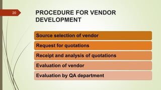 PROCEDURE FOR VENDOR
DEVELOPMENT
Source selection of vendor
Request for quotations
Receipt and analysis of quotations
Evaluation of vendor
Evaluation by QA department
20
 