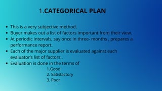 This is a very subjective method.
Buyer makes out a list of factors important from their view.
At periodic intervals, say once in three- months , prepares a
performance report.
Each of the major supplier is evaluated against each
evaluator’s list of factors .
Evaluation is done in the terms of
1.CATEGORICAL PLAN
1.Good
2. Satisfactory
3. Poor
 