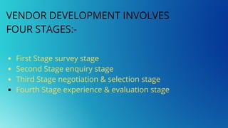 First Stage survey stage
Second Stage enquiry stage
Third Stage negotiation & selection stage
Fourth Stage experience & evaluation stage
VENDOR DEVELOPMENT INVOLVES
FOUR STAGES:-
 