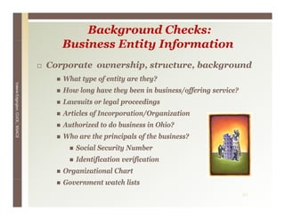 Background Checks:
                                    Business E i Information
                                    B i      Entity I f    i
                                 Corporate ownership, structure, background
                                    p              p,          ,     g
                                    What type of entity are they?
Valerie E




                                    How long have they been in business/offering service?
        Edgington, CUCE, BSACS




                                    Lawsuits or legal proceedings
                                    Articles of Incorporation/Organization
                                    Authorized to do business in Ohio?
                                    Who are the principals of the business?
                                        Social Security Number
                                                      y
                                        Identification verification
                                    Organizational Chart
                                    Government watch lists
                                                                                            20
 
