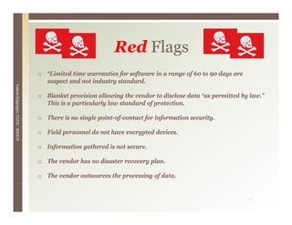 Red Flags
                                                         R d Fl
                                 “Limited time warranties for software in a range of 60 to 90 days are
                                 suspect and not industry standard.
Valerie E




                                 Blanket provision allowing the vendor to disclose data “as permitted by law.”
                                          p                 g                               p          y
        Edgington, CUCE, BSACS




                                 This is a particularly low standard of protection.

                                 There is no single point-of-contact for information security.

                                 Field personnel do not have encrypted devices.

                                 Information gathered is not secure.

                                 The vendor has no disaster recovery plan.

                                 The vendor outsources the processing of data.


                                                                                                         41
 