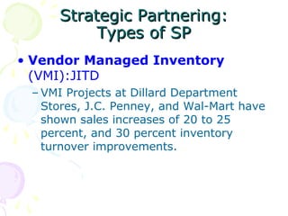 Strategic Partnering:
Types of SP
• Vendor Managed Inventory
(VMI):JITD
– VMI Projects at Dillard Department
Stores, J.C. Penney, and Wal-Mart have
shown sales increases of 20 to 25
percent, and 30 percent inventory
turnover improvements.

 