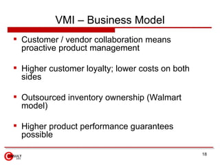 VMI – Business Model <ul><li>Customer / vendor collaboration means proactive product management </li></ul><ul><li>Higher c...