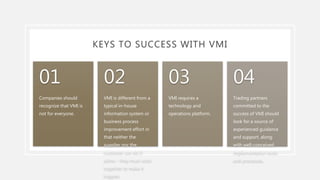 KEYS TO SUCCESS WITH VMI
Companies should
recognize that VMI is
not for everyone.
01
VMI is different from a
typical in-house
information system or
business process
improvement effort in
that neither the
supplier nor the
customer can do it
alone - they must work
together to make it
happen.
02
VMI requires a
technology and
operations platform.
03
Trading partners
committed to the
success of VMI should
look for a source of
experienced guidance
and support, along
with well-conceived
implementation tools
and processes.
04
 