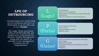 LPG OF
OUTSOURCING
Outsourcing is the contracting
out of a business process to a
third-party or as we often call
it, to a Vendor.
The Logic, Perils and Gains
(LPG) of OUTSOURCING will
enable us to understand the
Need for Vendor Management
along with the points to
consider in the management
of vendors for the
Organizations
•Cost Reduction
•Focus on Core Competency
•Rather than try and make, buy what someone else
specializes in
•Optimum Utilization of Internal Resources
L
(Logic)
•Lack of Business Know-how
•Loss of control
•Subdued Employee morale
•Difficult to Exit
P
(Perils)
•Access to the latest and greatest in technology
•Cost savings
•High quality of staff
•Job security and burnout reduction for regular
employees
•Flexibility
G
(Gains)
 