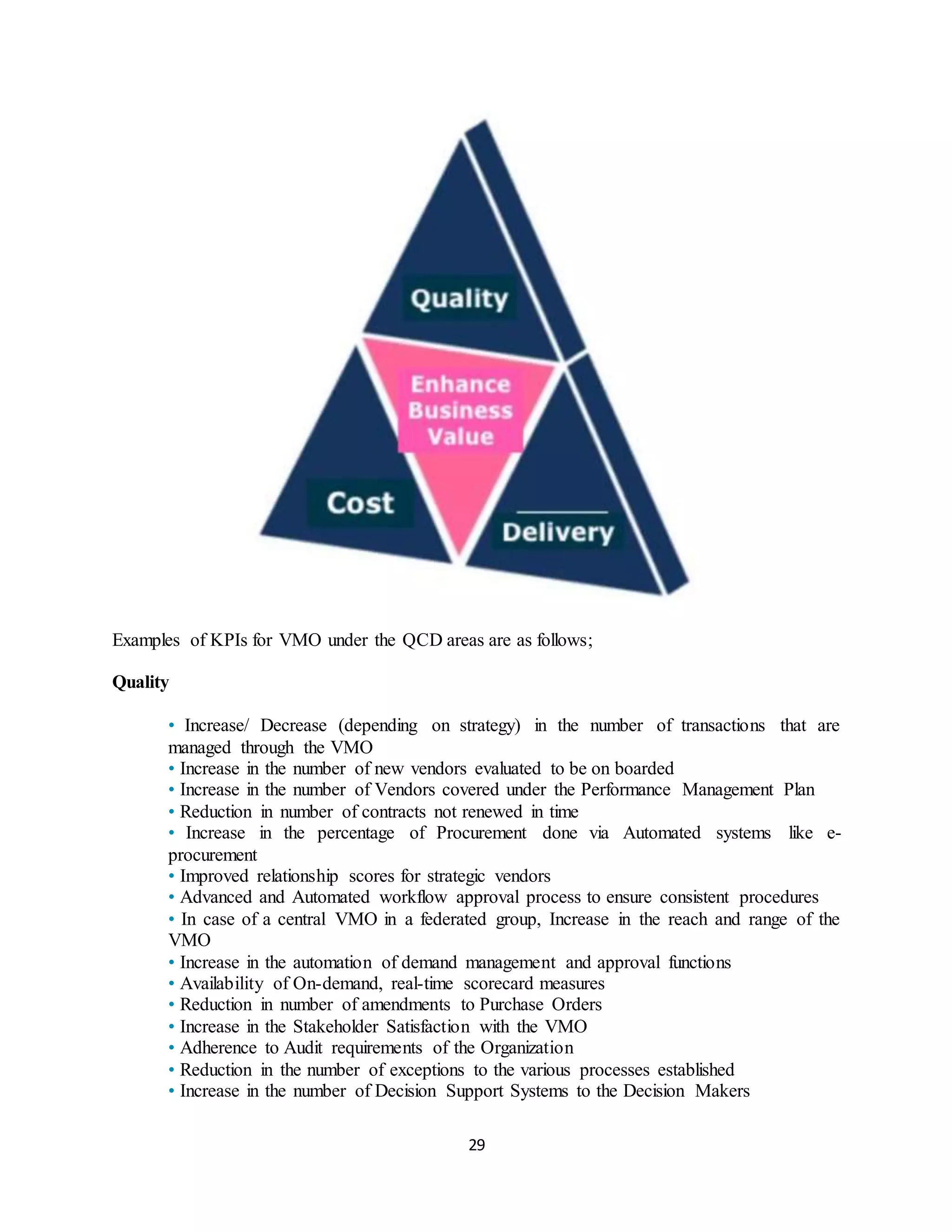 29
Examples of KPIs for VMO under the QCD areas are as follows;
Quality
• Increase/ Decrease (depending on strategy) in the number of transactions that are
managed through the VMO
• Increase in the number of new vendors evaluated to be on boarded
• Increase in the number of Vendors covered under the Performance Management Plan
• Reduction in number of contracts not renewed in time
• Increase in the percentage of Procurement done via Automated systems like e-
procurement
• Improved relationship scores for strategic vendors
• Advanced and Automated workflow approval process to ensure consistent procedures
• In case of a central VMO in a federated group, Increase in the reach and range of the
VMO
• Increase in the automation of demand management and approval functions
• Availability of On-demand, real-time scorecard measures
• Reduction in number of amendments to Purchase Orders
• Increase in the Stakeholder Satisfaction with the VMO
• Adherence to Audit requirements of the Organization
• Reduction in the number of exceptions to the various processes established
• Increase in the number of Decision Support Systems to the Decision Makers
 