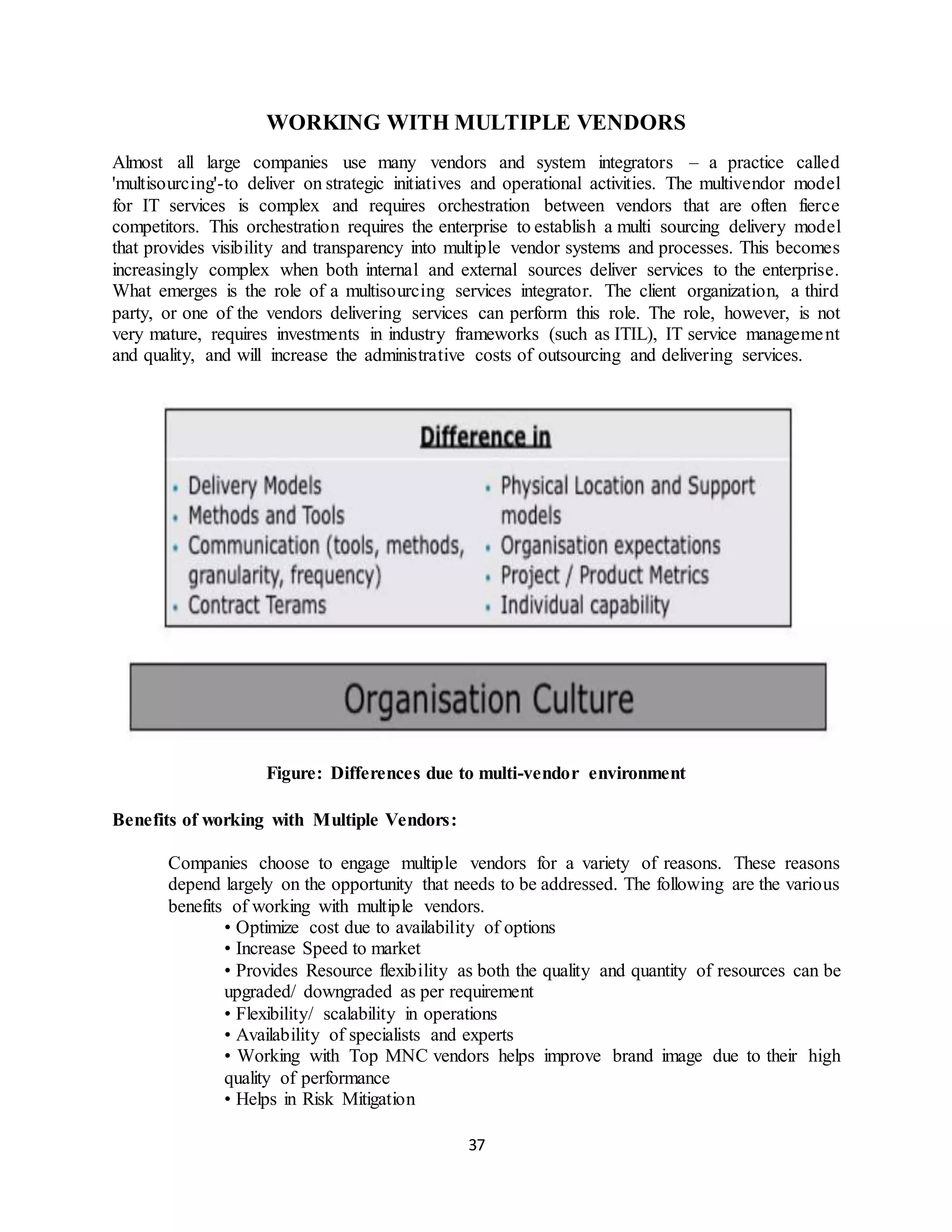 37
WORKING WITH MULTIPLE VENDORS
Almost all large companies use many vendors and system integrators – a practice called
'multisourcing'-to deliver on strategic initiatives and operational activities. The multivendor model
for IT services is complex and requires orchestration between vendors that are often fierce
competitors. This orchestration requires the enterprise to establish a multi sourcing delivery model
that provides visibility and transparency into multiple vendor systems and processes. This becomes
increasingly complex when both internal and external sources deliver services to the enterprise.
What emerges is the role of a multisourcing services integrator. The client organization, a third
party, or one of the vendors delivering services can perform this role. The role, however, is not
very mature, requires investments in industry frameworks (such as ITIL), IT service management
and quality, and will increase the administrative costs of outsourcing and delivering services.
Figure: Differences due to multi-vendor environment
Benefits of working with Multiple Vendors:
Companies choose to engage multiple vendors for a variety of reasons. These reasons
depend largely on the opportunity that needs to be addressed. The following are the various
benefits of working with multiple vendors.
• Optimize cost due to availability of options
• Increase Speed to market
• Provides Resource flexibility as both the quality and quantity of resources can be
upgraded/ downgraded as per requirement
• Flexibility/ scalability in operations
• Availability of specialists and experts
• Working with Top MNC vendors helps improve brand image due to their high
quality of performance
• Helps in Risk Mitigation
 