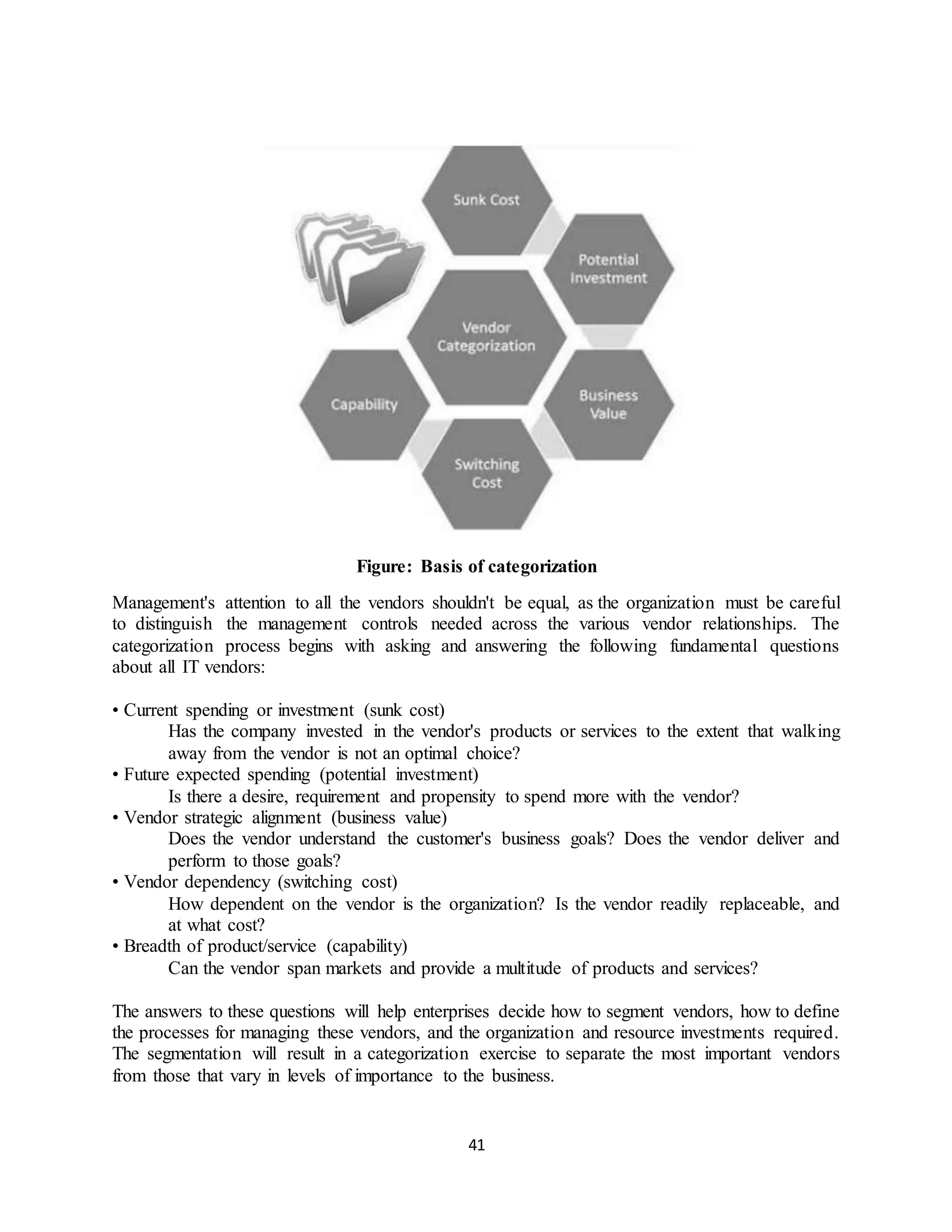 41
Figure: Basis of categorization
Management's attention to all the vendors shouldn't be equal, as the organization must be careful
to distinguish the management controls needed across the various vendor relationships. The
categorization process begins with asking and answering the following fundamental questions
about all IT vendors:
• Current spending or investment (sunk cost)
Has the company invested in the vendor's products or services to the extent that walking
away from the vendor is not an optimal choice?
• Future expected spending (potential investment)
Is there a desire, requirement and propensity to spend more with the vendor?
• Vendor strategic alignment (business value)
Does the vendor understand the customer's business goals? Does the vendor deliver and
perform to those goals?
• Vendor dependency (switching cost)
How dependent on the vendor is the organization? Is the vendor readily replaceable, and
at what cost?
• Breadth of product/service (capability)
Can the vendor span markets and provide a multitude of products and services?
The answers to these questions will help enterprises decide how to segment vendors, how to define
the processes for managing these vendors, and the organization and resource investments required.
The segmentation will result in a categorization exercise to separate the most important vendors
from those that vary in levels of importance to the business.
 