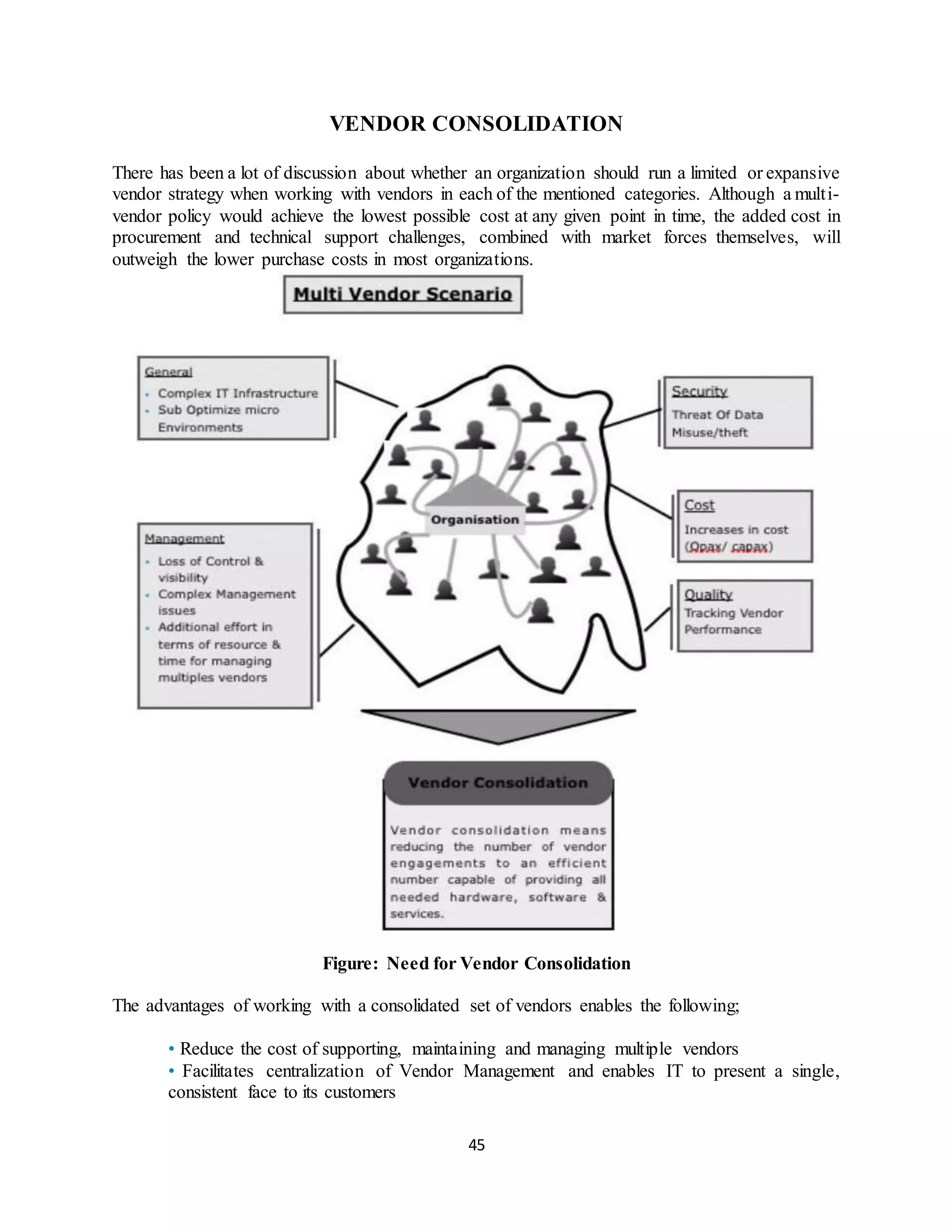 45
VENDOR CONSOLIDATION
There has been a lot of discussion about whether an organization should run a limited or expansive
vendor strategy when working with vendors in each of the mentioned categories. Although a multi-
vendor policy would achieve the lowest possible cost at any given point in time, the added cost in
procurement and technical support challenges, combined with market forces themselves, will
outweigh the lower purchase costs in most organizations.
Figure: Need for Vendor Consolidation
The advantages of working with a consolidated set of vendors enables the following;
• Reduce the cost of supporting, maintaining and managing multiple vendors
• Facilitates centralization of Vendor Management and enables IT to present a single,
consistent face to its customers
 