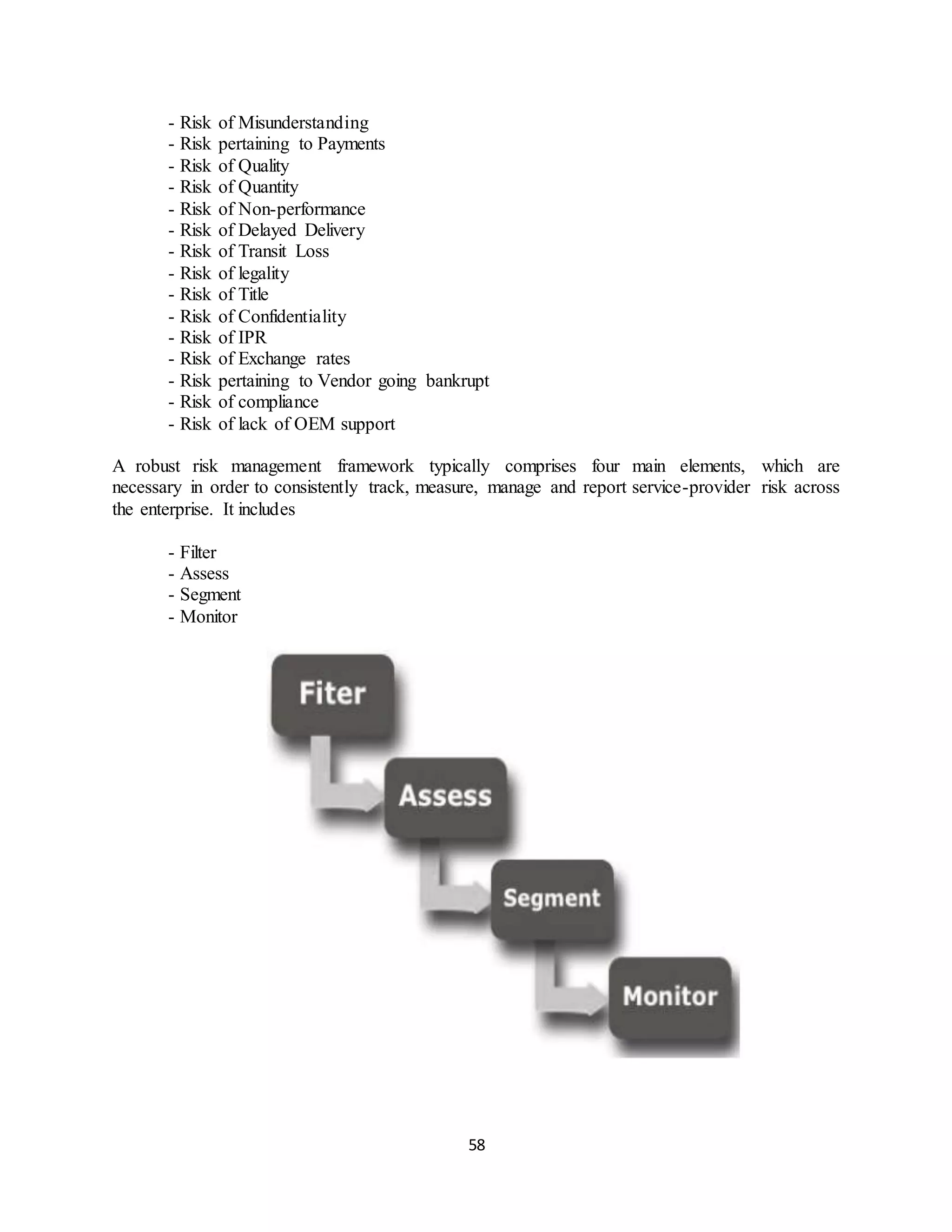 58
- Risk of Misunderstanding
- Risk pertaining to Payments
- Risk of Quality
- Risk of Quantity
- Risk of Non-performance
- Risk of Delayed Delivery
- Risk of Transit Loss
- Risk of legality
- Risk of Title
- Risk of Confidentiality
- Risk of IPR
- Risk of Exchange rates
- Risk pertaining to Vendor going bankrupt
- Risk of compliance
- Risk of lack of OEM support
A robust risk management framework typically comprises four main elements, which are
necessary in order to consistently track, measure, manage and report service-provider risk across
the enterprise. It includes
- Filter
- Assess
- Segment
- Monitor
 