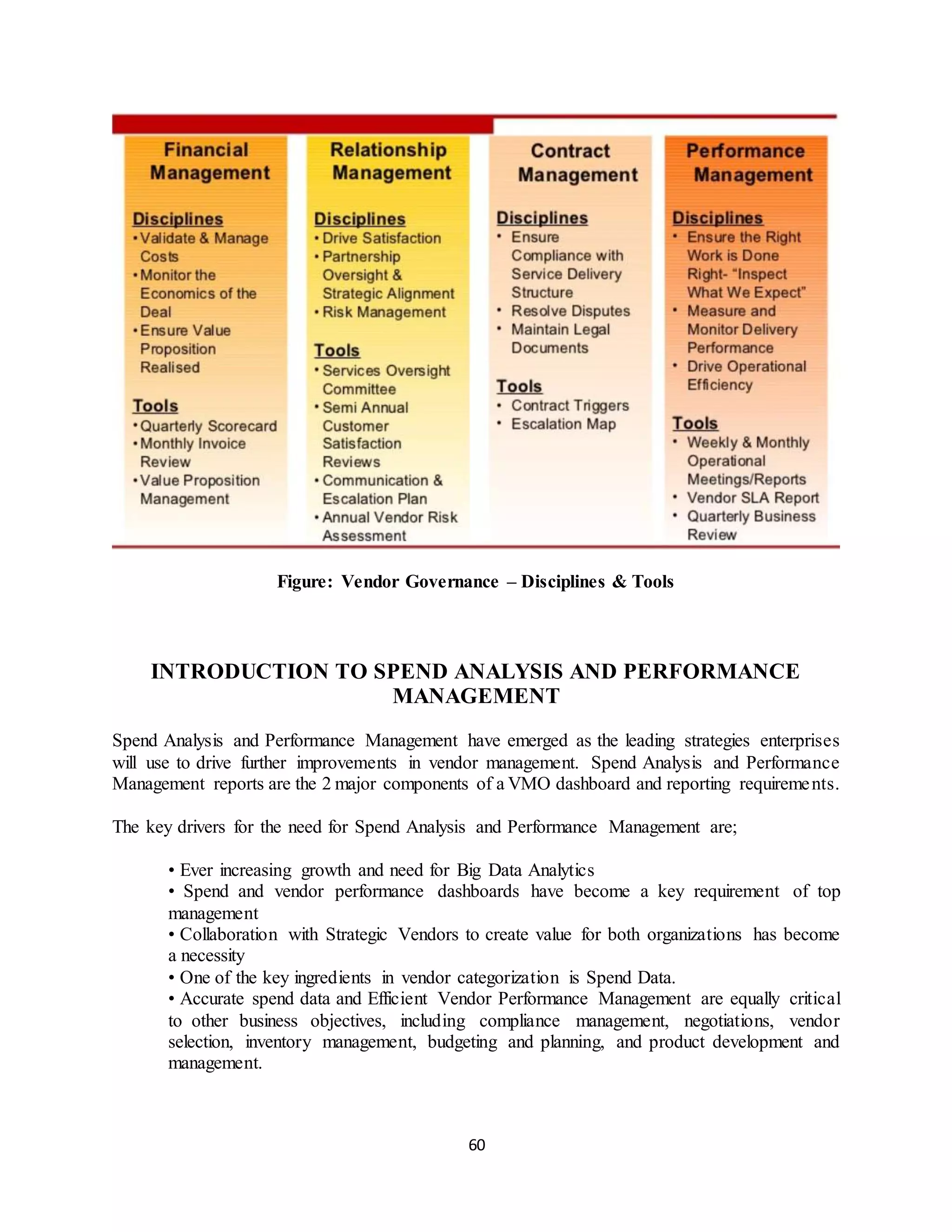 60
Figure: Vendor Governance – Disciplines & Tools
INTRODUCTION TO SPEND ANALYSIS AND PERFORMANCE
MANAGEMENT
Spend Analysis and Performance Management have emerged as the leading strategies enterprises
will use to drive further improvements in vendor management. Spend Analysis and Performance
Management reports are the 2 major components of a VMO dashboard and reporting requirements.
The key drivers for the need for Spend Analysis and Performance Management are;
• Ever increasing growth and need for Big Data Analytics
• Spend and vendor performance dashboards have become a key requirement of top
management
• Collaboration with Strategic Vendors to create value for both organizations has become
a necessity
• One of the key ingredients in vendor categorization is Spend Data.
• Accurate spend data and Efficient Vendor Performance Management are equally critical
to other business objectives, including compliance management, negotiations, vendor
selection, inventory management, budgeting and planning, and product development and
management.
 