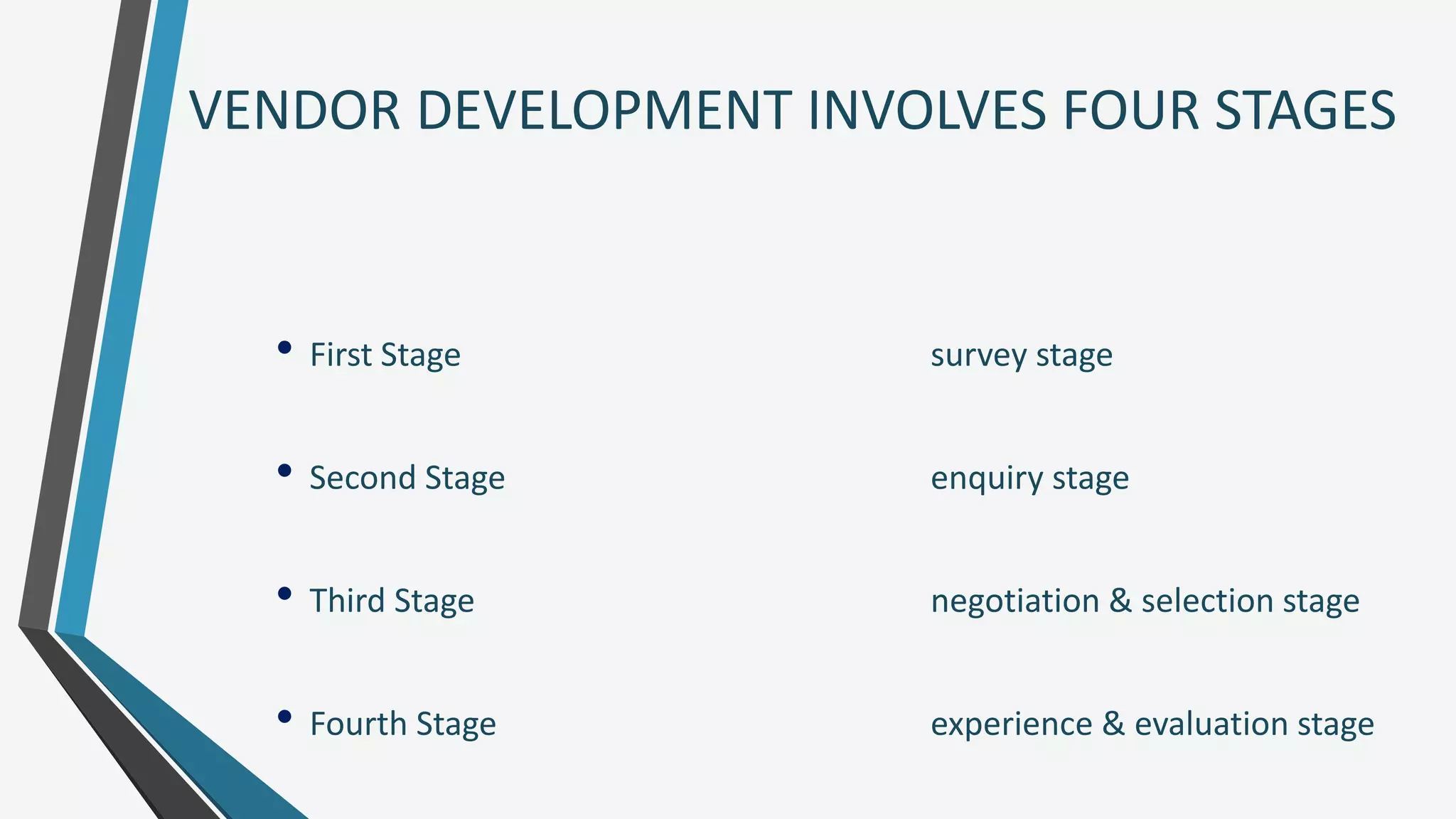 VENDOR DEVELOPMENT INVOLVES FOUR STAGES
• First Stage survey stage
• Second Stage enquiry stage
• Third Stage negotiation & selection stage
• Fourth Stage experience & evaluation stage
 