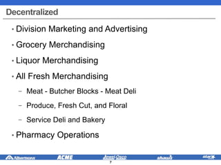 Decentralized
• Division Marketing and Advertising
• Grocery Merchandising
• Liquor Merchandising
• All Fresh Merchandising
− Meat - Butcher Blocks - Meat Deli
− Produce, Fresh Cut, and Floral
− Service Deli and Bakery
• Pharmacy Operations
7
 