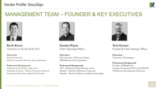 MANAGEMENT TEAM – FOUNDER & KEY EXECUTIVES
© 2014 Demand Metric Research Corporation. All Rights Reserved.
Keith Krach
Chairman of the Board & CEO
Education:
Purdue University
Harvard University Business School (graduate)
Professional Background:
Chairman of the Board, Angie’s List
Chairman Emeritus - Board of Trustees, Purdue U
International President, Sigma Chi Fraternity
Gordon Payne
Chief Operating Officer
Education:
The University of Western Ontario
IMD Business School (graduate)
Professional Background:
SVP – Desktop & Cloud Division, Citrix
Member – Board of Directors, Vyatta, Inc.
Member – Board of Directors, Kabira Technologies
Tom Gonser
Founder & Chief Strategy Officer
Education:
University of Washington
Professional Background:
Founder, GPSFlight, Inc.
Founder, President & CEO, NetUPDATE
VP Business Development, Point.com
4
Vendor Profile: DocuSign
 