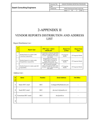 Sazeh Consulting Engineers
Document Title : VENDOR PROGRESS REPORTING PROCEDURE
Date :
Prepared By: SAZEH Planning and Project Control Dep
SHEET: 3 OF 3 REV.
2-APPENDIX II
VENDOR REPORTS DISTRIBUTION AND ADDRESS
LIST
Report Distribution List :
R
o
w
Report Type
PDF Copy + Native
editable file
Report Cut
of Date
Report Issue
Date
1
Monthly Reports for vendors under
Consortium responsibility
Consortium to check & if possible
approve the report & finally send
it to DCC of MC(Based on attach
flow chart)
15th
Gregorian
Months
18th
Gregorian Months
2
Monthly Reports for vendors under
Hampa(Hedco) responsibility
Hampa(Hedco) to check & if
possible approve the report &
finally send it to DCC of
MC(Based on attach flow chart).
15th
Gregorian
Months
18th
Gregorian Months
3
Monthly Reports for vendors under MC
responsibility
MC to check & if possible
approve the report & finally send
it to DCC of MC (Based on attach
flow chart).
15th
Gregorian
Months
18th
Gregorian Months
Address List :
R
o
w
Name Position Email Address Tell Office
1 Hedco DCC email DCC LordeganAH@Hedcoint.com -
2 Sazeh DCC email DCC dcc-mc-lr-t@sazeh.co.ir -
3 Consortium DCC email DCC dcc@avhf.cn -
4
 
