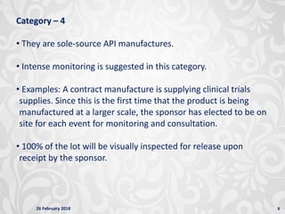 26 February 2018 6
Category – 4
• They are sole-source API manufactures.
• Intense monitoring is suggested in this category.
• Examples: A contract manufacture is supplying clinical trials
supplies. Since this is the first time that the product is being
manufactured at a larger scale, the sponsor has elected to be on
site for each event for monitoring and consultation.
• 100% of the lot will be visually inspected for release upon
receipt by the sponsor.
 