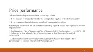 Price performance
It is another very important criteria for evaluating a vendor
It is a measure of price differential for the same product supplied by the different vendors
It can be evaluated as (Minimum price offered/vendor price) weightage
For example, assume that 160 lots were received during a year & 16 lots were rejected on account
of poor quality
Quality rating = (No. of lots accepted/No. of lots supplied)70 Quality rating = (144/160)70 =63
Adherence to time schedule (No. of deliveries made in time/ Total no of scheduled
deliveries)20
Adherence to quantity schedule (Quantity supplied / Scheduled delivery)20 Price
performance = (Minimum price offered / Vendor price)10
25
 