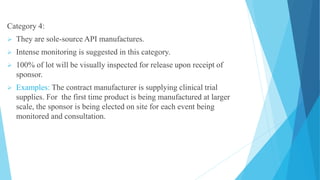 Category 4:
 They are sole-source API manufactures.
 Intense monitoring is suggested in this category.
 100% of lot will be visually inspected for release upon receipt of
sponsor.
 Examples: The contract manufacturer is supplying clinical trial
supplies. For the first time product is being manufactured at larger
scale, the sponsor is being elected on site for each event being
monitored and consultation.
 