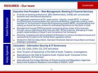 27
Executive Vice President – Risk Management ( Banking & Financial Services)
 A hands-on banking professional {BSc (Mathematics), CAIIB} with considerable
domestic and international experience
 An aggregate experience of 24+ years across industry, mainly BFSI in several
functional areas including Retail and Commercial Banking, Corporate Lending, team
member of the Business Process Re-Engineering project (BPR); conceptualizing and
setting up shared services centres for centralized operations for the Bank in India.
 Management through ERM framework overseeing all key areas of the business
through various Operational Risk tools like KRI / RCSA matrices. Managing of major
project implementation of Basel II and Compliance risk framework
 Directing, reviewing and advising Board of Directors on various compliance issues and
representing the bank to the Central Bank regulatory offices.
 Worked for ANZ Grindlays Bank, Standard Chartered, Bahraini Saudi Bank and Dubai
Holdings ( subsidiary)
KashiBanerjeeRESUMES - Our team Credentials
Consultant – Information Security & IT Governance
 LLB, CA, CISA, CWA, CS, CFE and others
 Over 15 years of experience in the field of Audit, Taxation, Investigations.
 Specializing in the field of Systems Audit, Cybrex Audit, Computer Crime
Investigations, IS Forensics
 International Committee Member of Governmental and Regulatory Agencies
Board and Academic Relations Committee of ISACA, USA
AnjayAgarwal
 