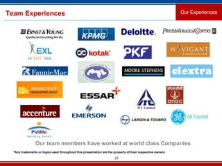 22
Team Experiences Our Experiences
*Any trademarks or logos used throughout this presentation are the property of their respective owners
Our team members have worked at world class Companies
 