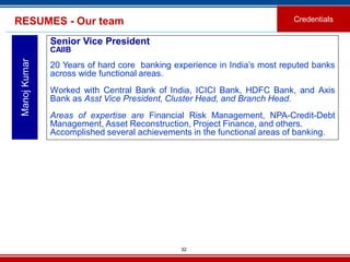 32
RESUMES - Our team Credentials
ManojKumar
Senior Vice President
CAIIB
20 Years of hard core banking experience in India’s most reputed banks
across wide functional areas.
Worked with Central Bank of India, ICICI Bank, HDFC Bank, and Axis
Bank as Asst Vice President, Cluster Head, and Branch Head.
Areas of expertise are Financial Risk Management, NPA-Credit-Debt
Management, Asset Reconstruction, Project Finance, and others.
Accomplished several achievements in the functional areas of banking.
 