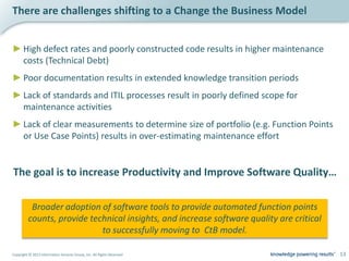 There are challenges shifting to a Change the Business Model


► High defect rates and poorly constructed code results in higher maintenance
  costs (Technical Debt)
► Poor documentation results in extended knowledge transition periods
► Lack of standards and ITIL processes result in poorly defined scope for
  maintenance activities
► Lack of clear measurements to determine size of portfolio (e.g. Function Points
  or Use Case Points) results in over-estimating maintenance effort


The goal is to increase Productivity and Improve Software Quality…

          Broader adoption of software tools to provide automated function points
         counts, provide technical insights, and increase software quality are critical
                            to successfully moving to CtB model.

Copyright © 2012 Information Services Group, Inc. All Rights Reserved                     13
 