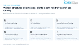 T H E R E A L CH A L L E N G ES
Without structured qualification, plants inherit risk they cannot see
coming
Most vendor failures trace back to a step that got skipped, not a missing clause in the contract.
Certificate-Only Vetting
Relying on brochures and self-declared
certificates instead of a physical facility review.
No Trial Validation
Skipping sample development and performance
review before full-volume commitment.
Informal Performance Tracking
A purchase manager's recollection standing in for
GRN timestamps and QC rejection data.
Sector Compliance Gaps
Missing sector-specific requirements such as
USFDA, EU GMP, or IATF 16949.
Import vs Domestic Blind Spots
Specialised process equipment sourced without a
duty and clearance timeline evaluation.
Single-Source Concentration
No dual-sourcing strategy despite the real cost of
a supply disruption.
IMARC Engineering | Vendor Sourcing & Qualification Services
 