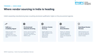 T R EN D S — 2 0 2 5 - 2 0 2 6
Where vendor sourcing in India is heading
India's expanding manufacturing base is pushing structured qualification higher on the procurement agenda.
GeM as a
Credibility Signal
GeM now spans over
10,900 product
categories and 18.4
₹
lakh crore in cumulative
GMV.
PLI-Anchored
Networks Growing
Anchor units are building
new ancillary supplier
networks, many from the
MSME sector.
AI-Driven Vendor
Scoring
Digital platforms now
offer centralised, GST-
ready vendor
performance
dashboards.
China+1
Diversification
Plants are validating
alternate-geography
suppliers matched to
sector and compliance
needs.
Data-Based Vendor
Reviews
GRN timestamps and
QC data are replacing
informal recollection in
vendor reviews.
IMARC Engineering | Vendor Sourcing & Qualification Services
 