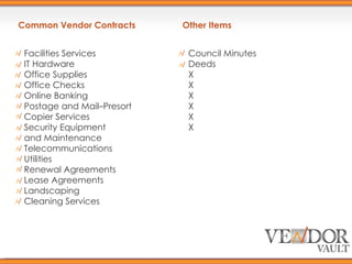 Common Vendor Contracts Facilities Services IT Hardware Office Supplies Office Checks Online Banking Postage and Mail–Presort Copier Services Security Equipment and Maintenance Telecommunications Utilities  Renewal Agreements Lease Agreements Landscaping Cleaning Services Other Items  Council Minutes Deeds X X X X X X 