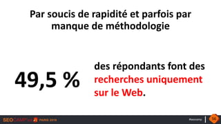 #seocamp
Par soucis de rapidité et parfois par
manque de méthodologie
49,5 %
des répondants font des
recherches uniquement
sur le Web.
56
 